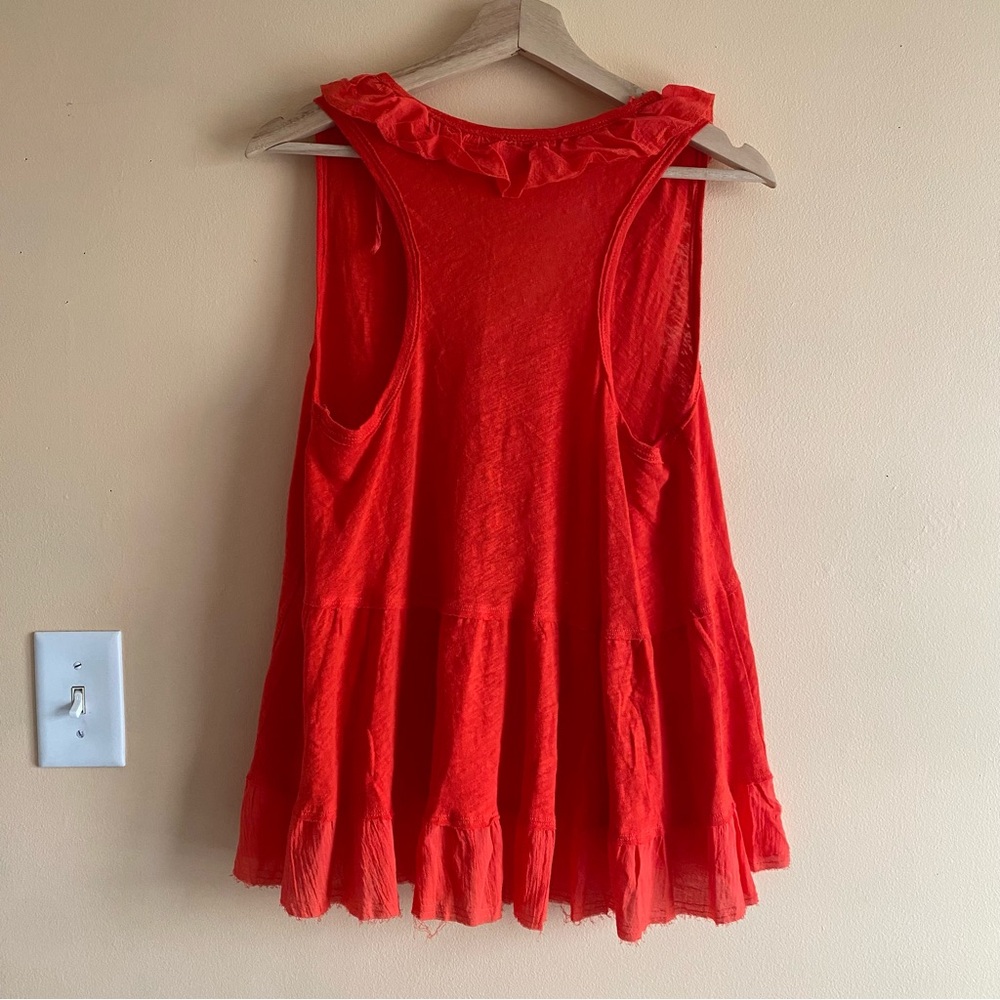 Free People Out and About Tank Woman Small Orange Ruffle Raw Hem Linen BOHO - Picture 3 of 15